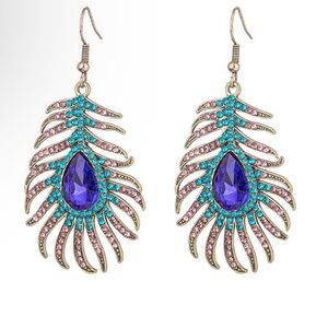 Gold-Tone Peacock Teardrop Dangle Earrings with Purple and Turquoise Crystals